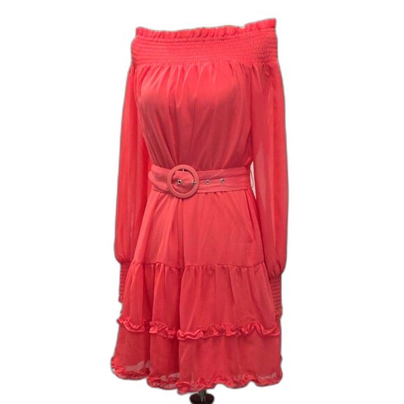 BCBGeneration Off the Shoulder Belted Ruffle Mini Dress - Coral (Size 2) - Picture 1 of 8